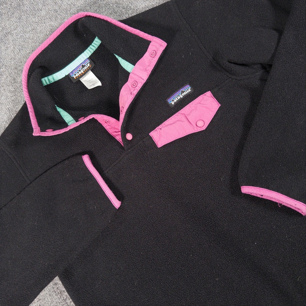 Patagonia Synchilla Snap-T Fleece Pullover Black Pink Trim Womens XS #4987